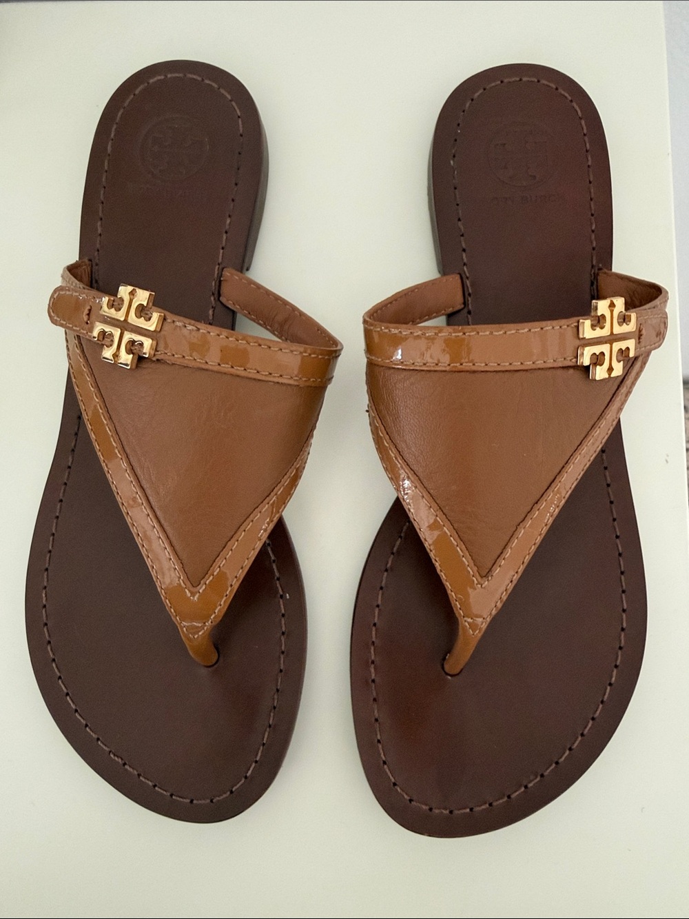 Tory Burch Brown Leather Logo Thong Sandals with Gold Hardware